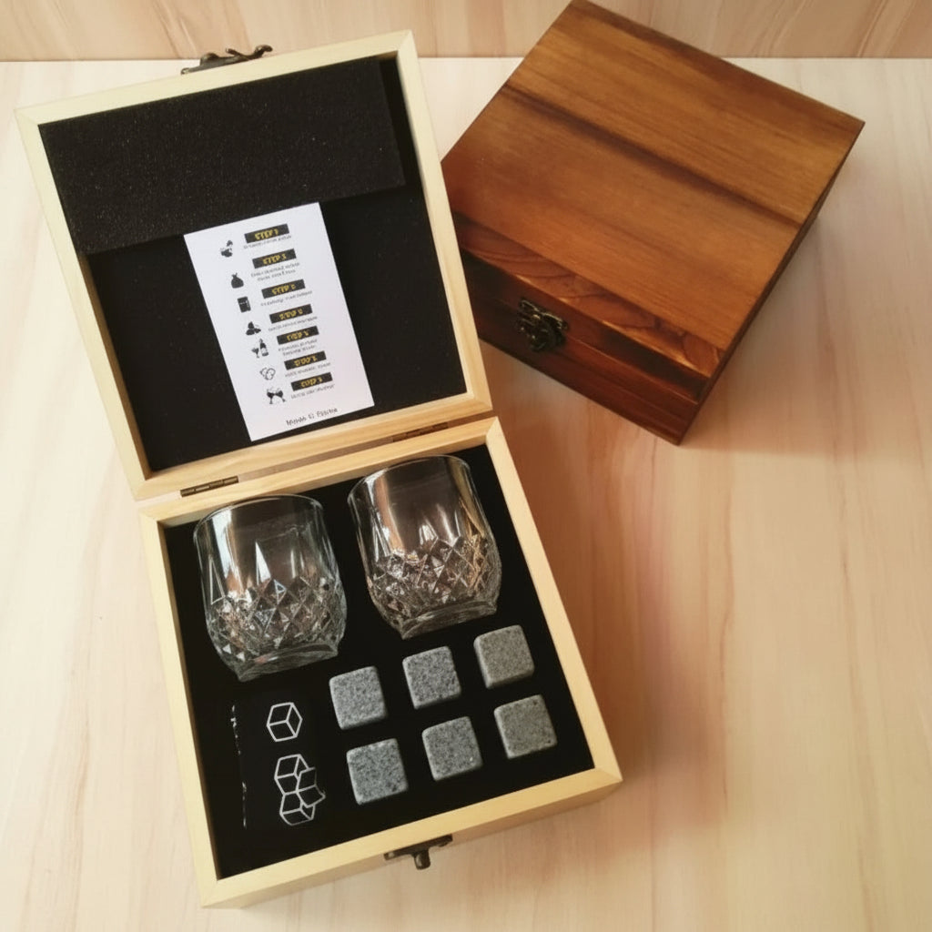 Aurello Whiskey Glass Gift Set – Crystal Glasses with Whiskey Stones & Wooden Box