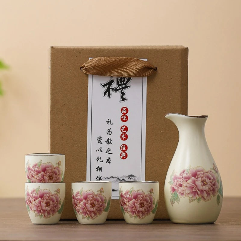Sakura Blossom Ceramic Sake Gift Set – 5 Piece Sake Carafe and Cup Set