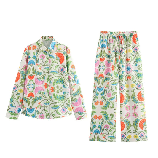 Auretta Floral Co-Ord Set – Long Sleeve Shirt and Wide Leg Trousers Two-Piece in Multi-Colour Print