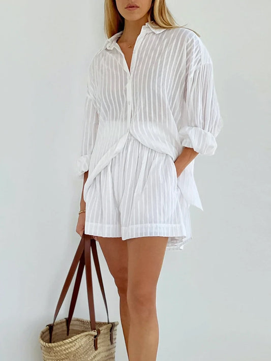 Aven White Cotton Stripe Shirt & Shorts Set – Lightweight Co-Ord Summer Outfit for Women
