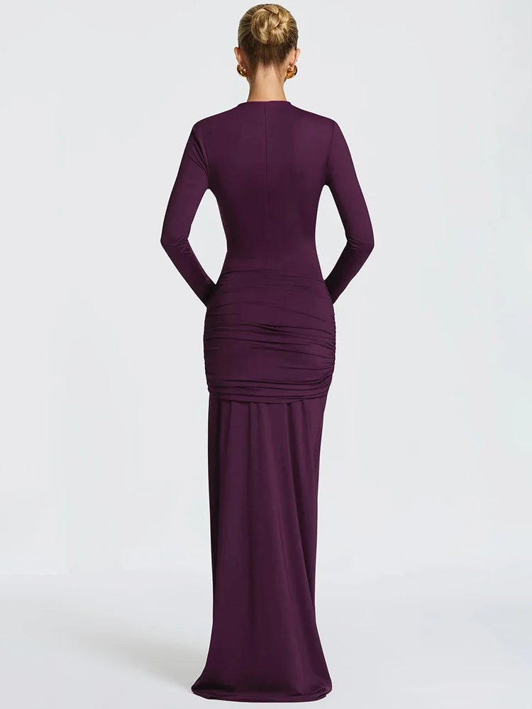 Elyndra Asymmetric Cut-Out Maxi Dress – Long Sleeve Draped Evening & Partywear Gown