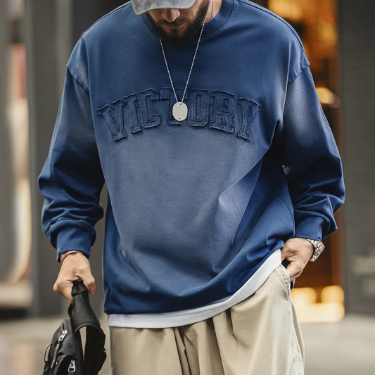 Vicory Men’s Washed Sweatshirt – Oversized Crew Neck 100% Cotton 265gsm Vintage Letter Graphic Jumper