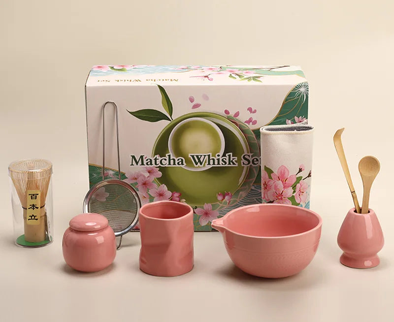 Blossom Grove Matcha Making Set – 9-Piece Ceramic Matcha Tea Set with Whisk, Scoop, Bowl & Mat for Home Matcha Making