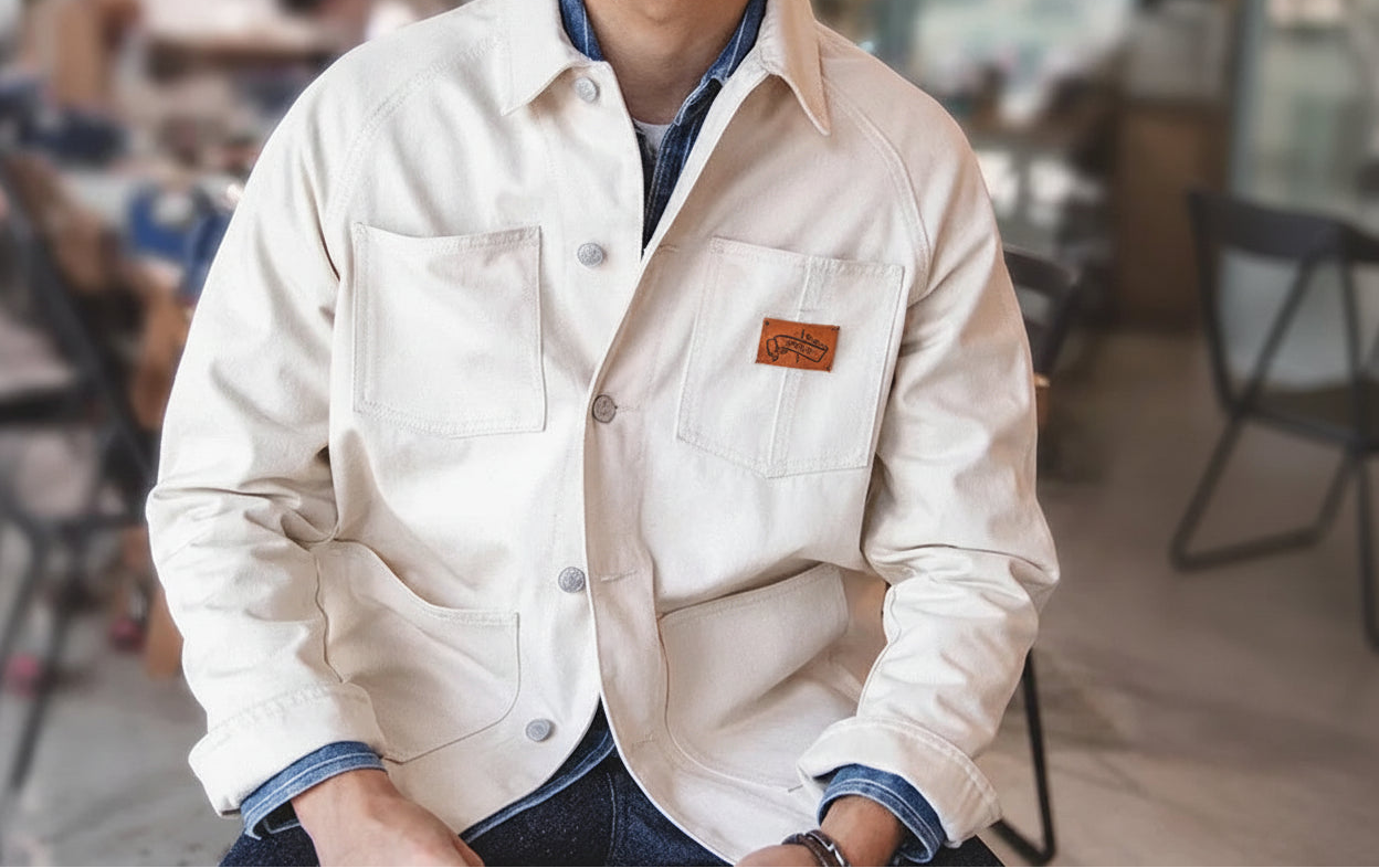 Marlowe Men’s Cream Denim Jacket – Button Up Utility Jacket with Large Pocket Detail and Classic Collar