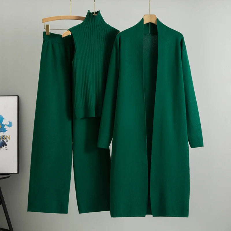 Aravelle Three-Piece Knit Co-Ord Set – Ribbed High Neck Top, Longline Cardigan and Wide-Leg Trousers