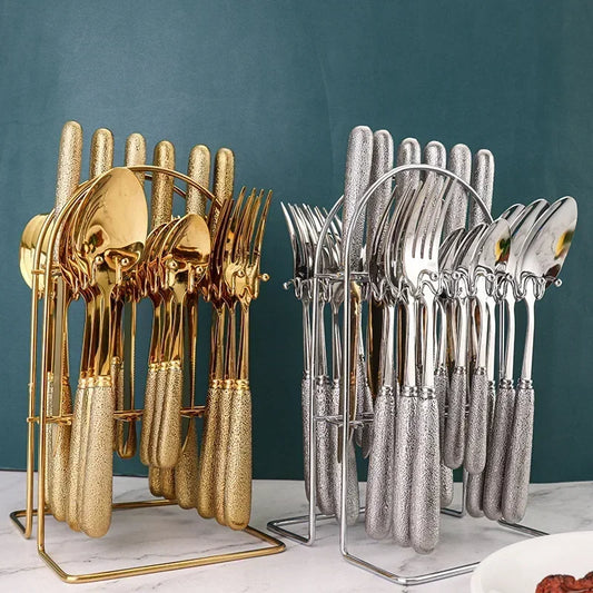 24-Piece Gold & Silver Stainless Steel Cutlery Set with Holder – Elegant Dining Tableware for 6