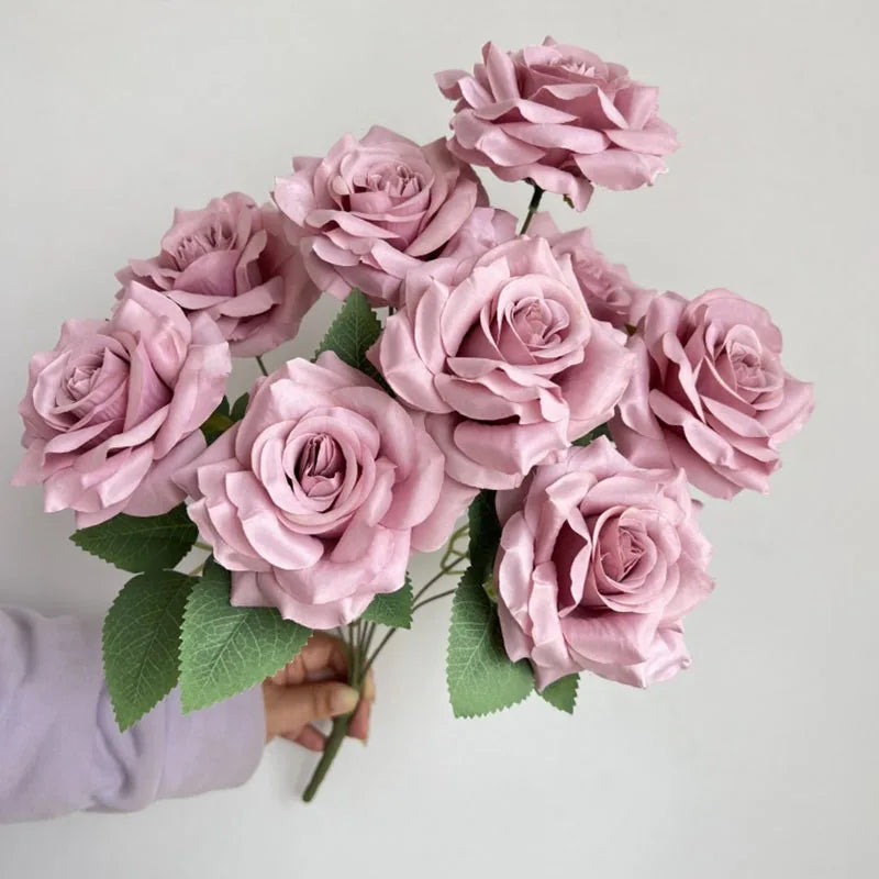 Rosara Silk Rose Bouquet – 9 Head Faux Rose Arrangement Decorative Flower Bunch