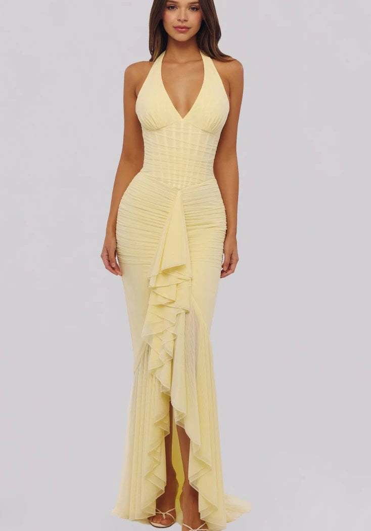 Soleya Halter Neck Ruched Maxi Dress – Yellow Wedding Guest Dress