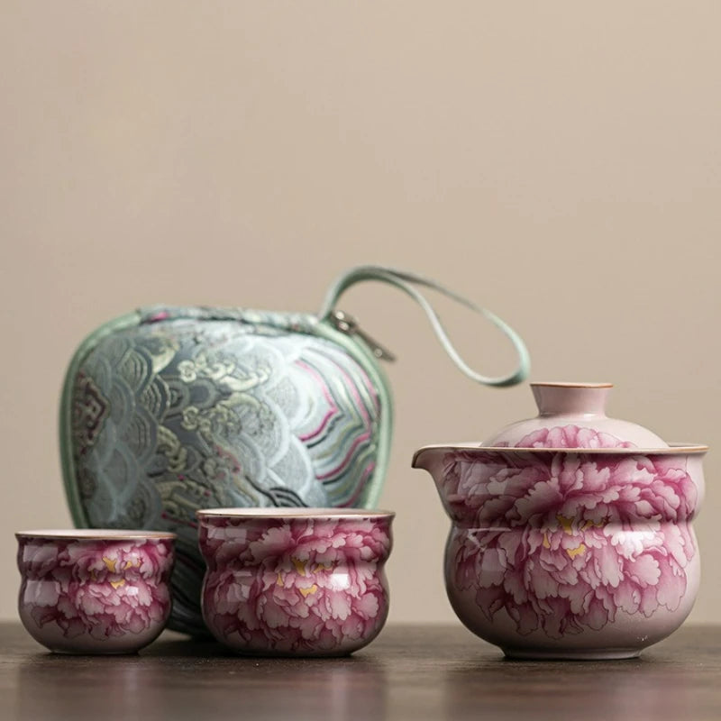 Peony Bloom Handmade Tea Set – Portable Ceramic Travel Tea Set with Teapot and Cups, Floral Tea Set Gift with Case