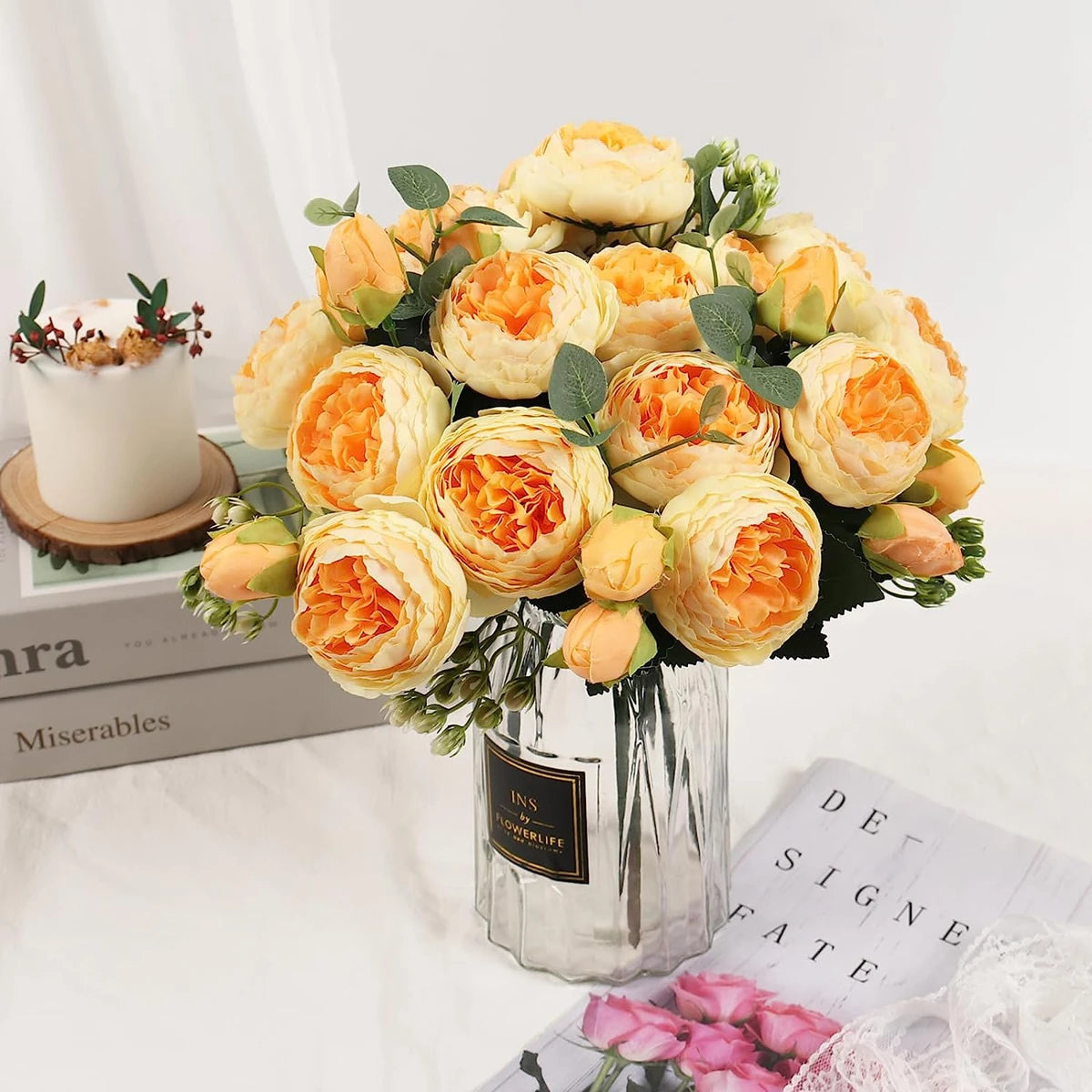 Peonelle Silk Peony Flower Bundle – 5 Head Faux Peony Stem with Buds Decorative Floral Arrangement