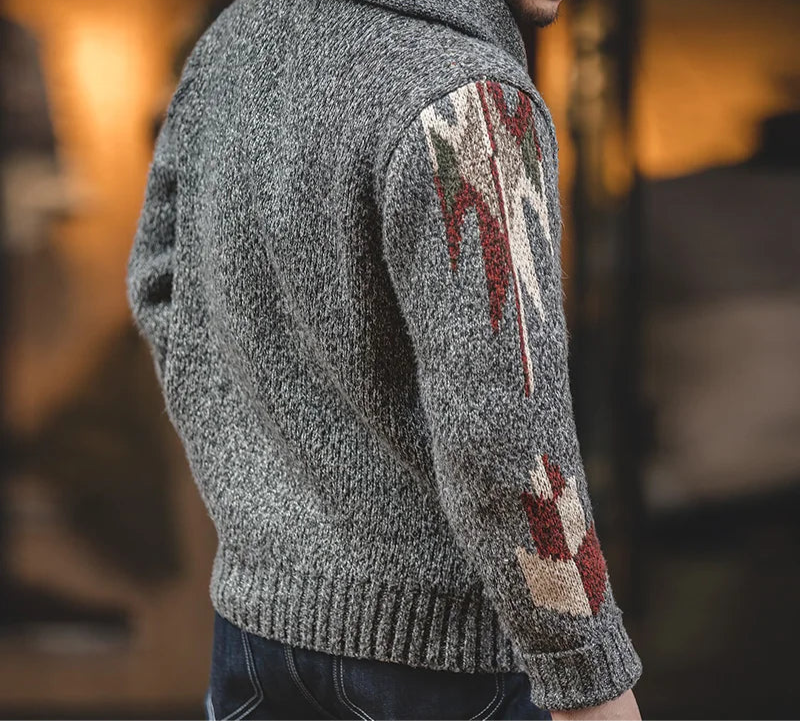 Ashworth Shawl Collar Cardigan – Men's Thick Knit Geometric Button-Up Wool Blend Jumper