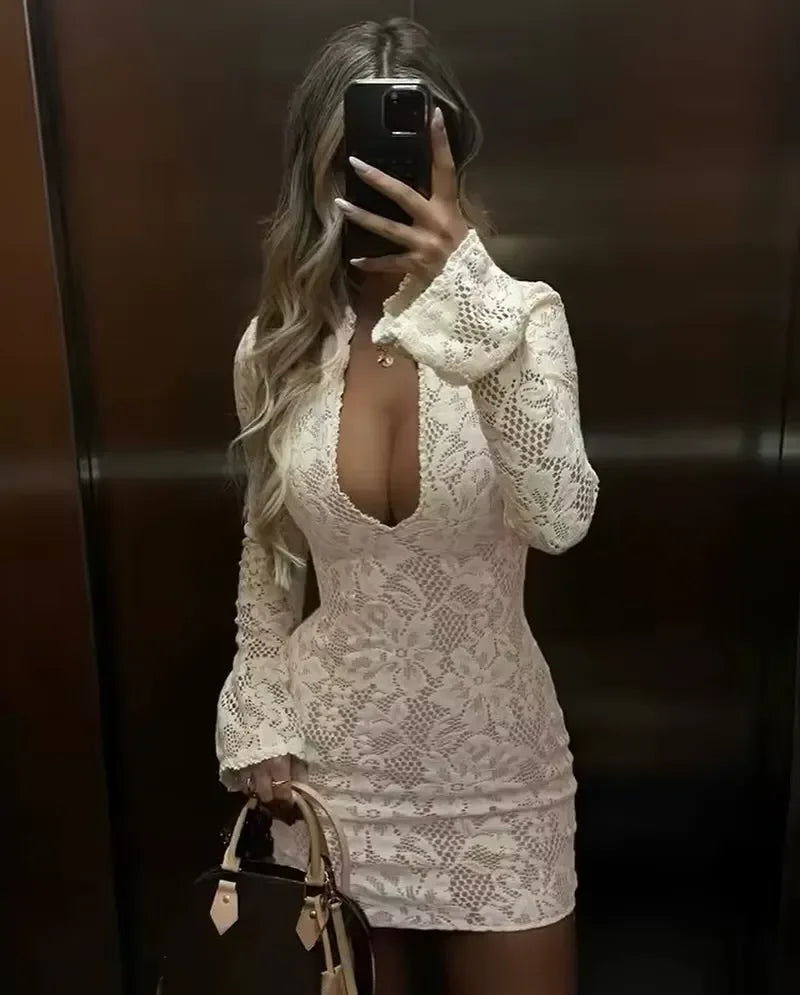 Marcellina Lace Mini Dress – Long Sleeve Keyhole Cut-Out Cocktail Dress in Ivory or Black