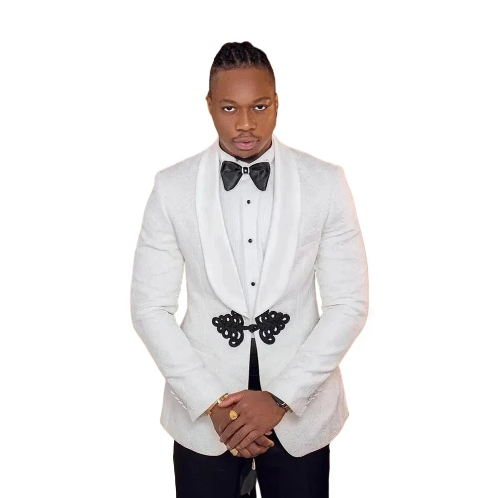 Carrington Men’s White Jacquard Shawl Lapel Blazer – Slim Fit Formal Evening Dinner Jacket Wedding Tuxedo