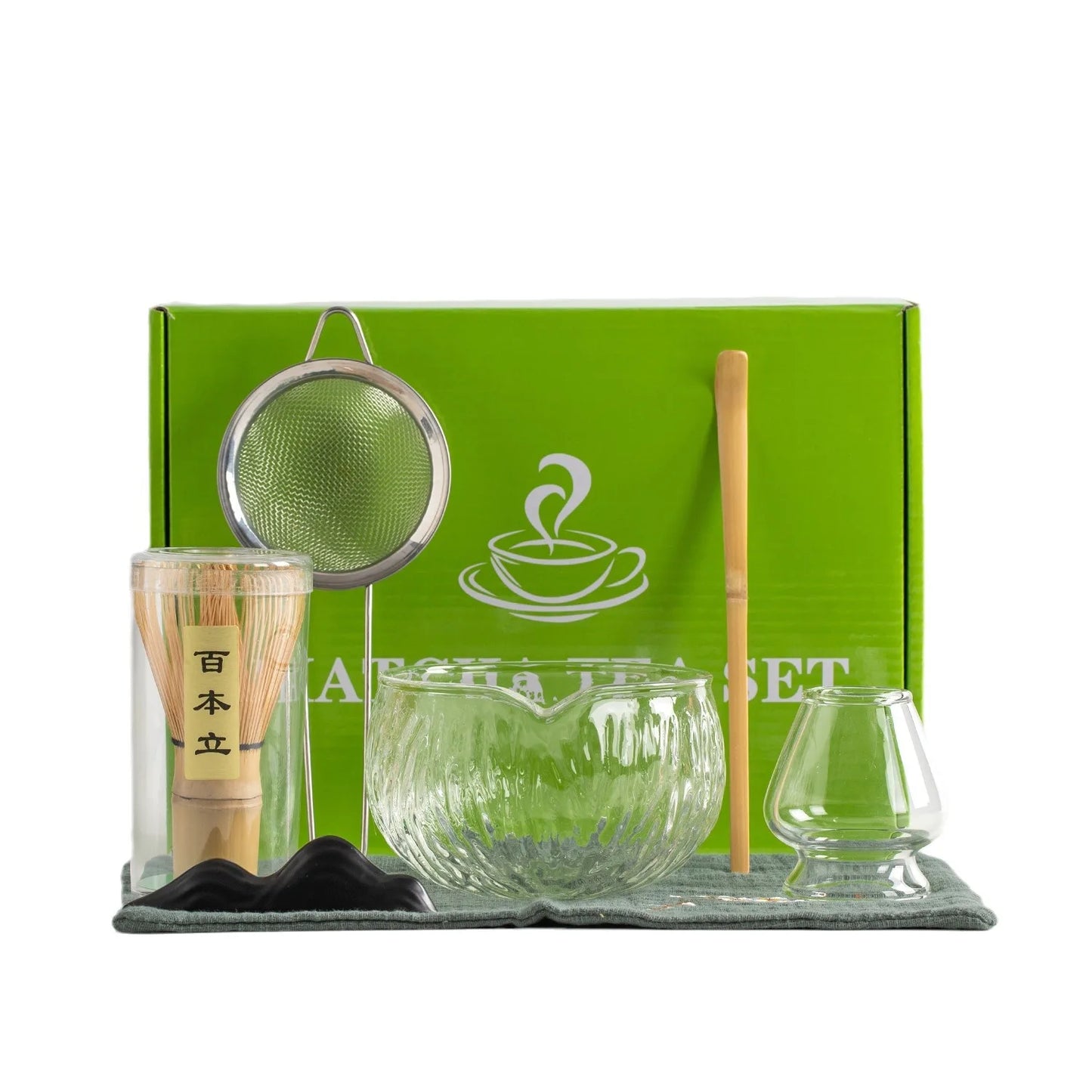 Kōrin Glass Matcha Tea Set – 7 Piece Matcha Bowl Set with Bamboo Whisk, Scoop, Strainer and Holder