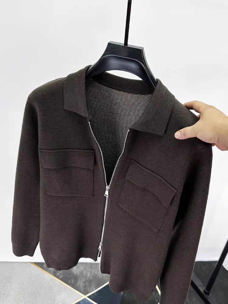 Men's Wool Blend Zip-Up Cardigan Jacket – Smart Casual Knit Overshirt with Utility Pockets and Turn-Down Collar