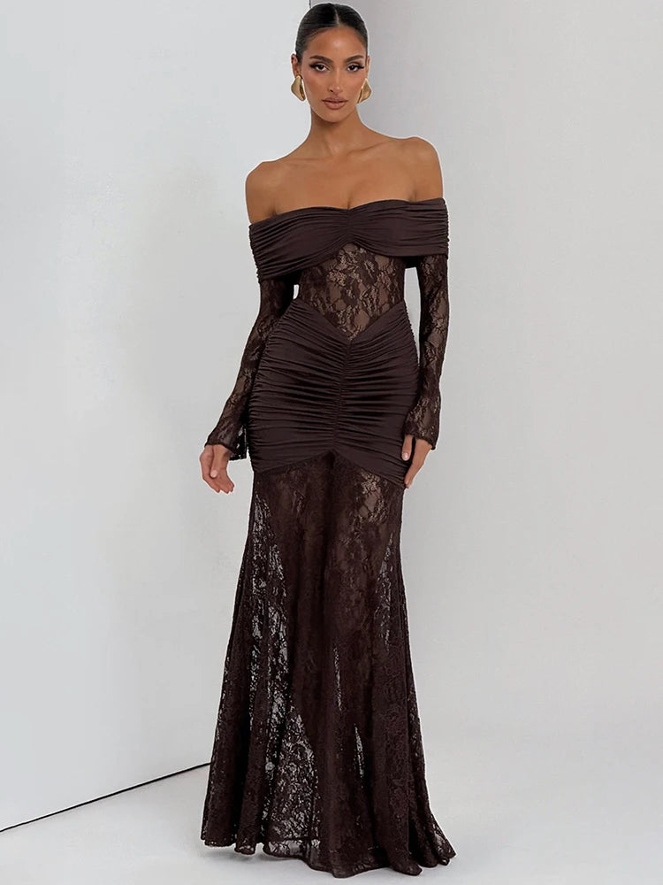 Fiolana Off-Shoulder Lace Maxi Dress – Long Sleeve Ruched Occasion Gown for Eveningwear, Party Outfits and Wedding Guest Looks