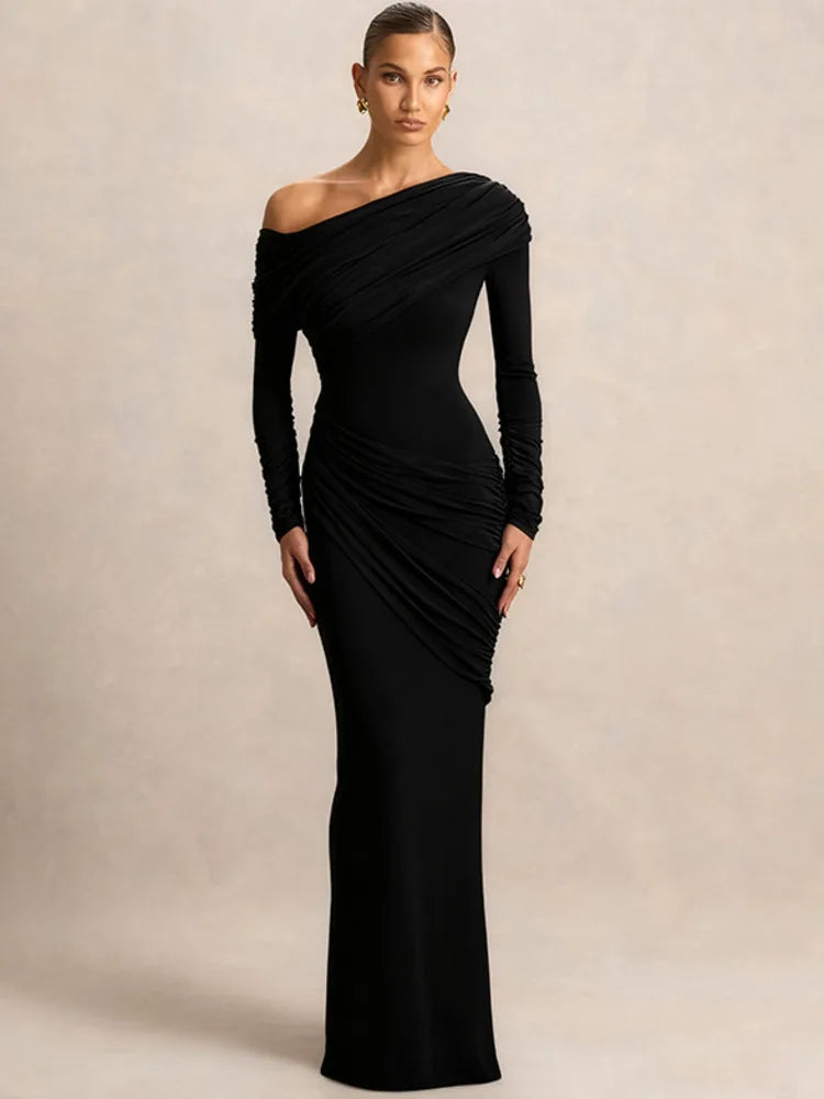 Calyssa Asymmetric One-Shoulder Ruched Maxi Dress – Long Sleeve Eveningwear & Wedding Guest Gown