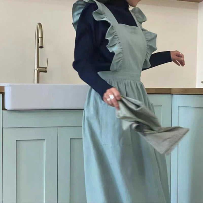 Vintage Frill Apron Dress – Ruffle Strap Kitchen Apron with Pockets for Cooking, Baking & Cleaning