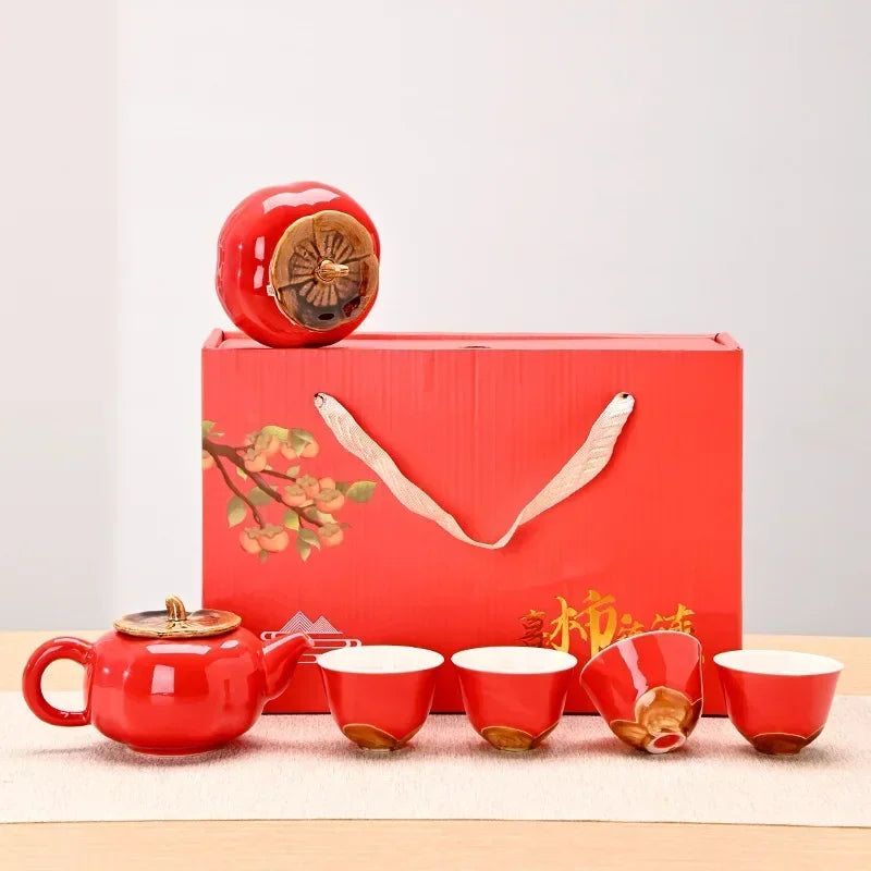 Red Ceramic Teapot & Teacup Set – Traditional Style Afternoon Tea Gift Set with 4/6 Pieces