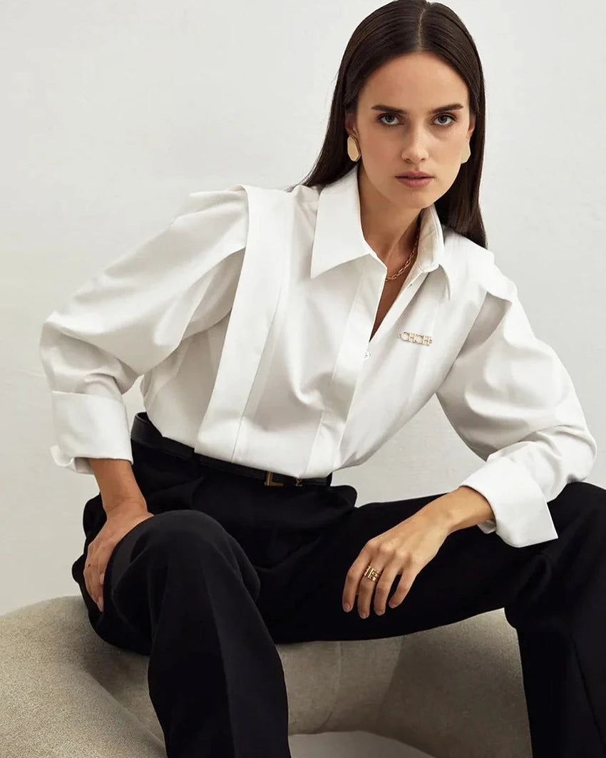 Solène Tailored Blouse in White or Black – Long Sleeve Button-Up Shirt for Women