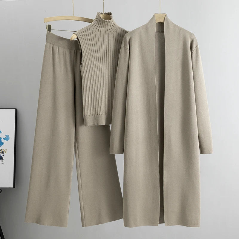 Aravelle Three-Piece Knit Co-Ord Set – Ribbed High Neck Top, Longline Cardigan and Wide-Leg Trousers