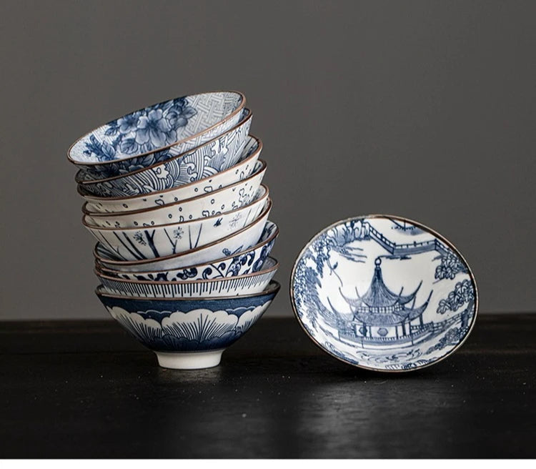 Renshiro Ceramic Tea Bowl Gift Set – 10 Piece Blue and White Tea Cups Set with Gift Box for Tea Serving and Tableware