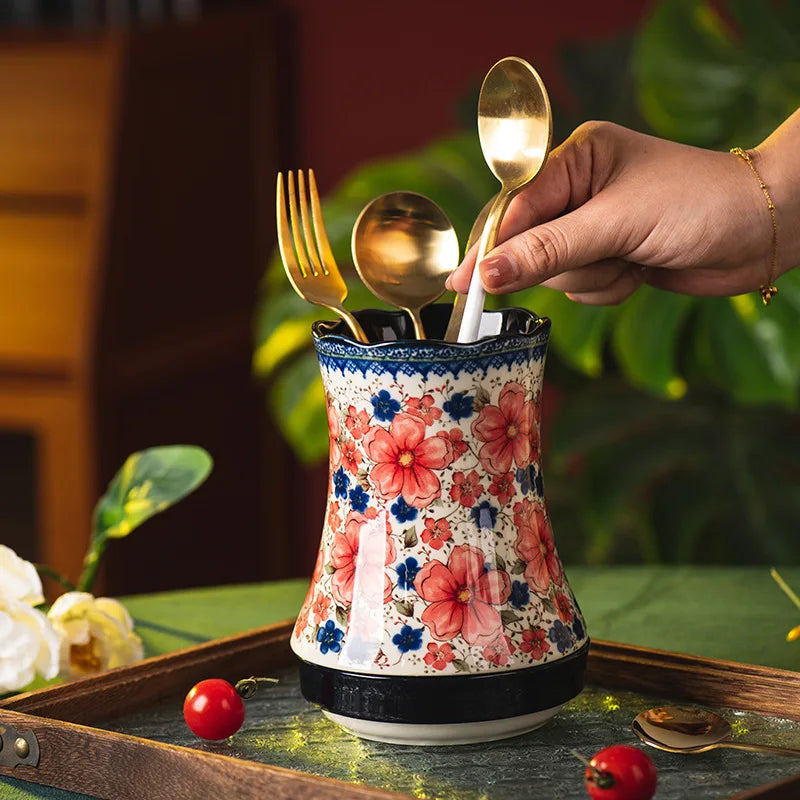 Floria Ceramic Utensil Holder – Floral Kitchen Utensil Caddy with Drain Base, Cutlery Holder, Spoon Fork Storage Organiser