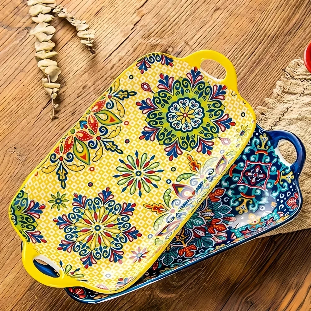 Calvero Ceramic Serving Tray – Rectangular Dish with Handles