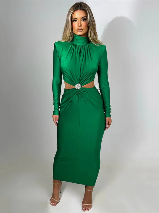 Serena Embellished Cut-Out Turtleneck Bodycon Midi Dress