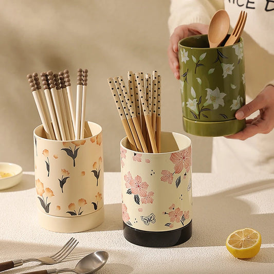 Floral Ceramic Kitchen Utensil Holder with Drain Tray – Cutlery Caddy, Chopstick Holder, Spoon & Fork Storage Jar