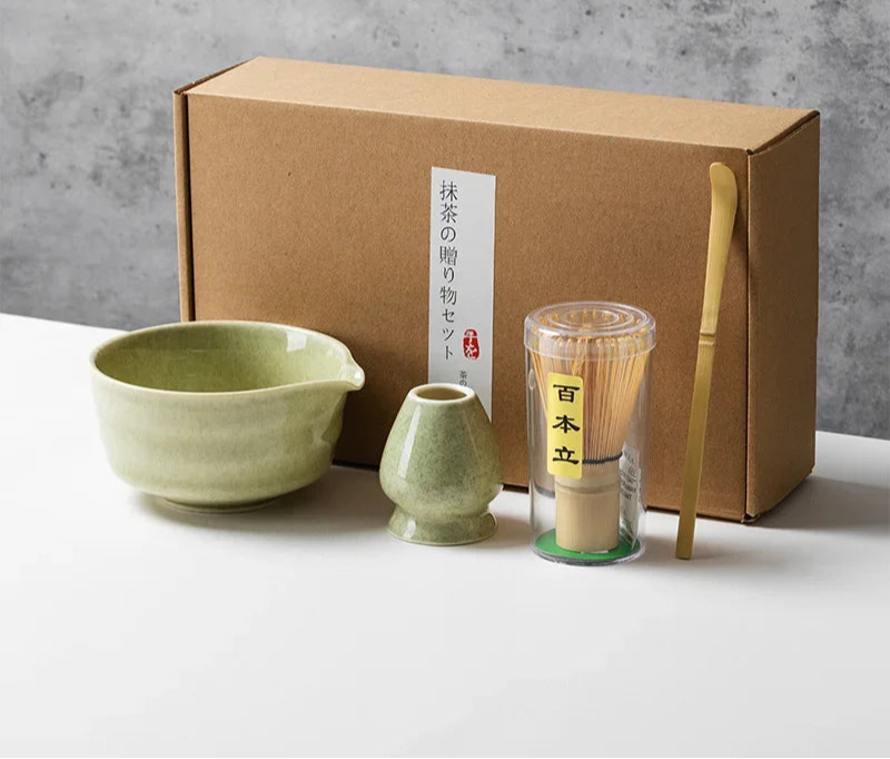 Matcha Tea Set with Ceramic Bowl & Bamboo Accessories – 4/5/6 Piece Traditional Japanese Matcha Kit in Sage Green