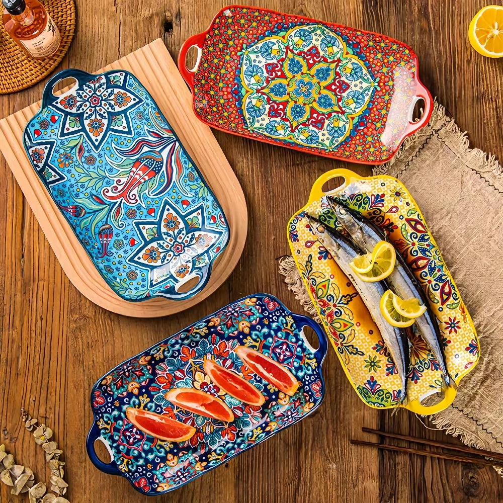 Calvero Ceramic Serving Tray – Rectangular Dish with Handles