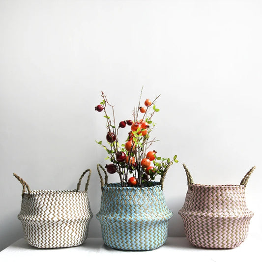 Wicker Storage Basket with Handles – Two-Tone Woven Organiser for Toys, Plants & Home Décor