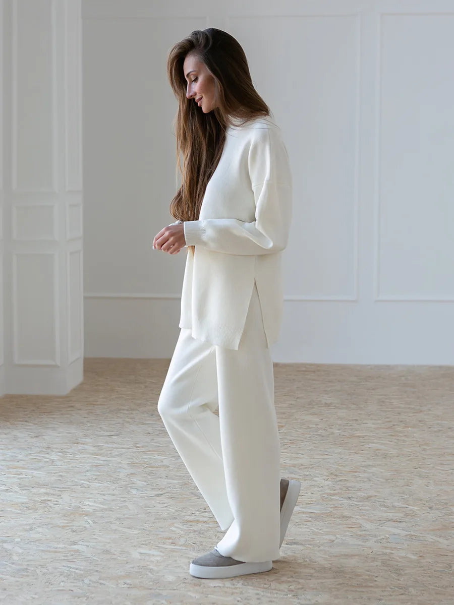 Zaneya Knit Co-Ord Lounge Set – Ribbed Turtle Neck Jumper and Wide Leg Trousers in Pink, White, Beige, Black or Green