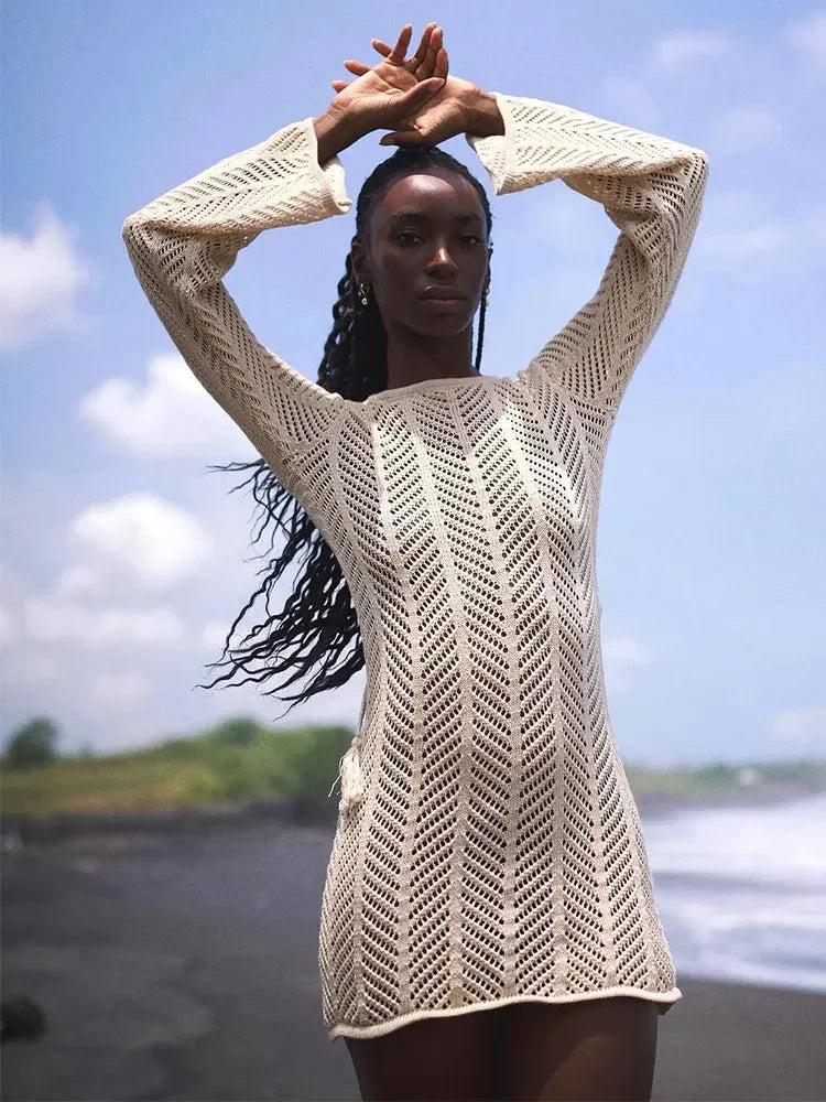 Zireya Backless Crochet Knit Mini Dress – Long Sleeve Sheer Swimwear Cover Up Beach Dress