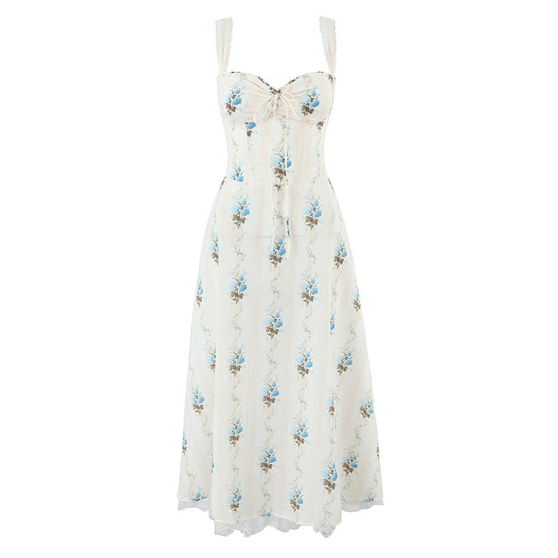 Florielle Floral A-Line Midi Dress with Wide Straps – Corset Style Summer Dress, Holiday Dress & Wedding Guest Outfit
