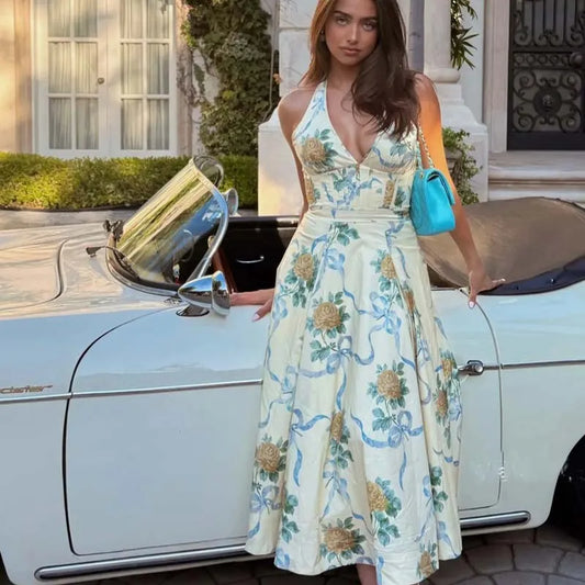 Evelisse Halterneck Corset Midi Dress – Summer Wedding Guest and Holiday Midi Dress in White or Yellow Floral Print