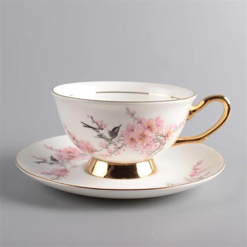 Botanical Bird Cup and Saucer Set – Hand Painted Ceramic Tea Set