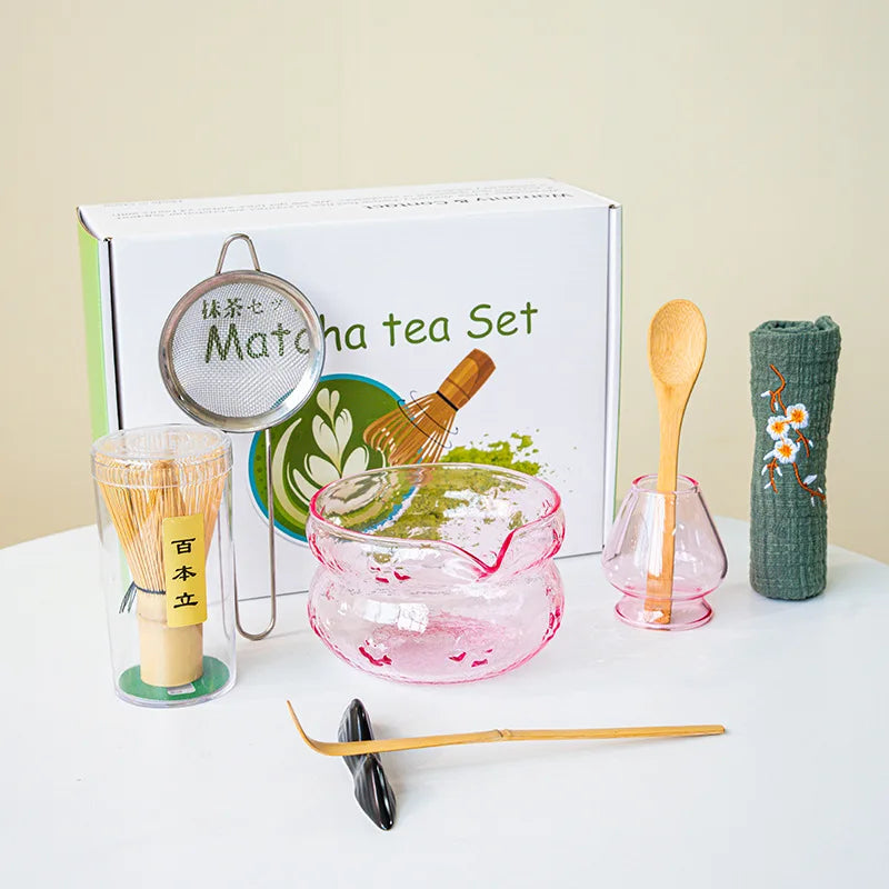 Akari Glass Matcha Tea Set – Pink & Purple Matcha Bowl Kit with Whisk, Scoop and Strainer, Complete Matcha Starter Gift Set