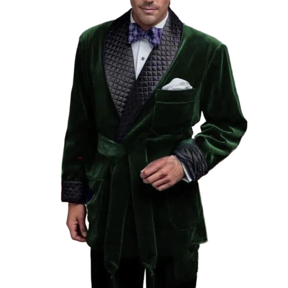 Kingswell Velvet Smoking Jacket – Men’s Quilted Lapel Evening Dinner Jacket with Waist Tie and Chest Pocket Square