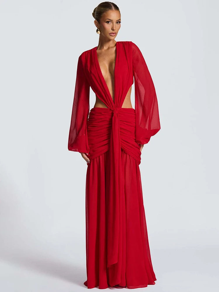 Zanisse Long Sleeve Plunge Maxi Dress – Backless Ruched Evening Gown for Elegant Occasionwear, Parties & Wedding Guest Outfits