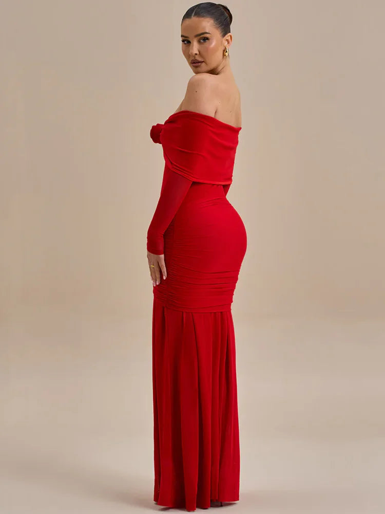 Celviera Off-Shoulder Ruched Maxi Dress with Rose Appliqué – Women’s Long Sleeve Bodycon Evening Gown