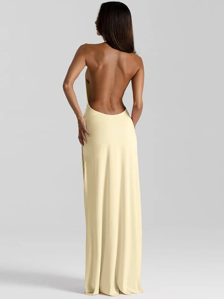 Serenelle Halter Neck Maxi Dress – Deep V Backless Evening Dress, Thigh Split Elegant Gown in Pink, Lemon & Black