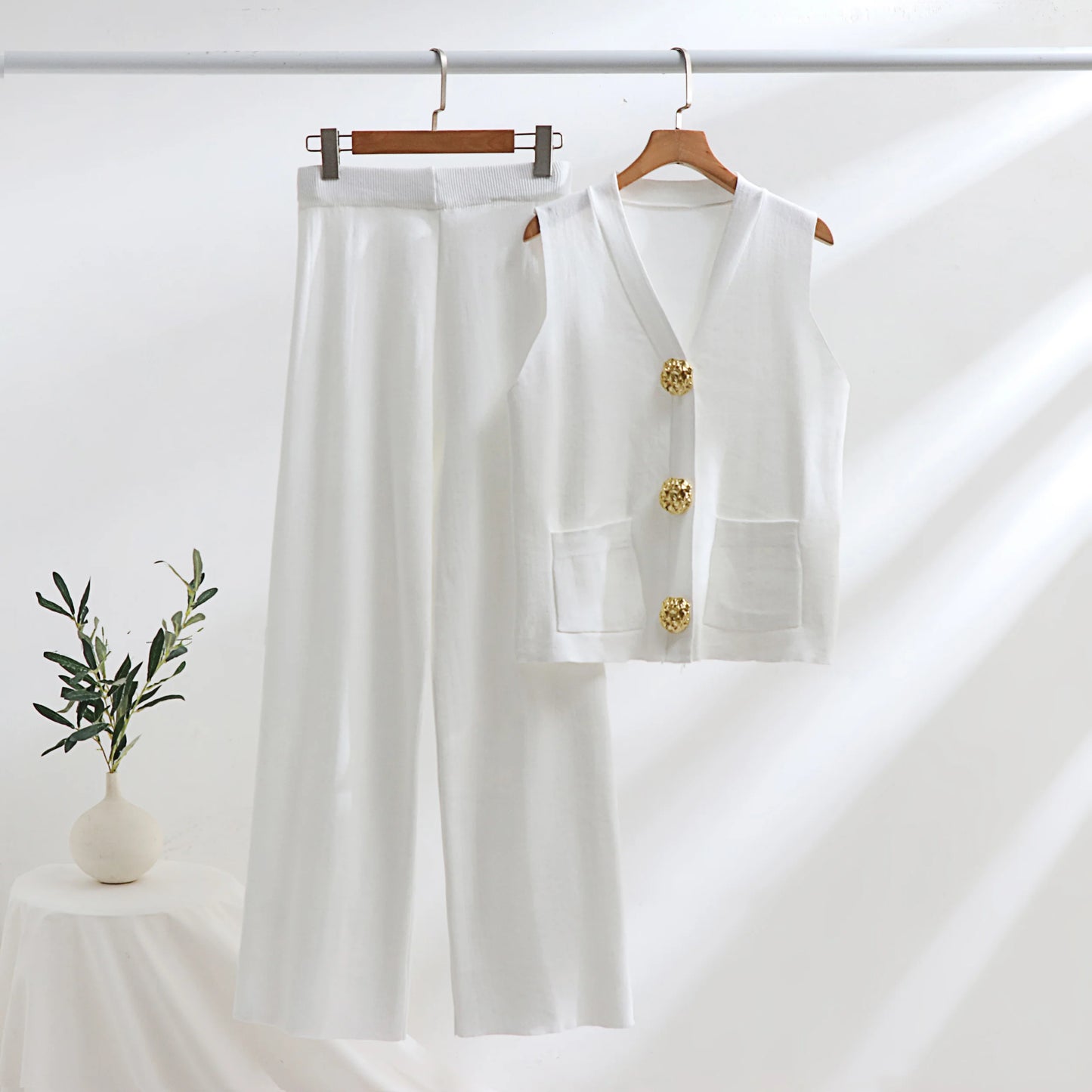 Solvaira Gold Button Knit Co-Ord Set – Sleeveless Knit Two Piece with Wide Leg Trousers for Summer & Holiday Outfits
