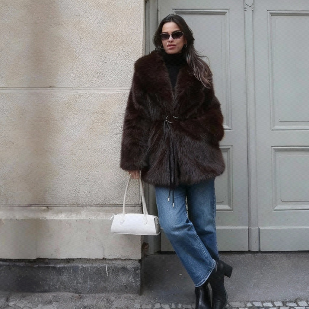 Marquelle Belted Plush Faux Fur Coat – Women’s Long Luxury Winter Jacket for Daywear and Evening Partywear