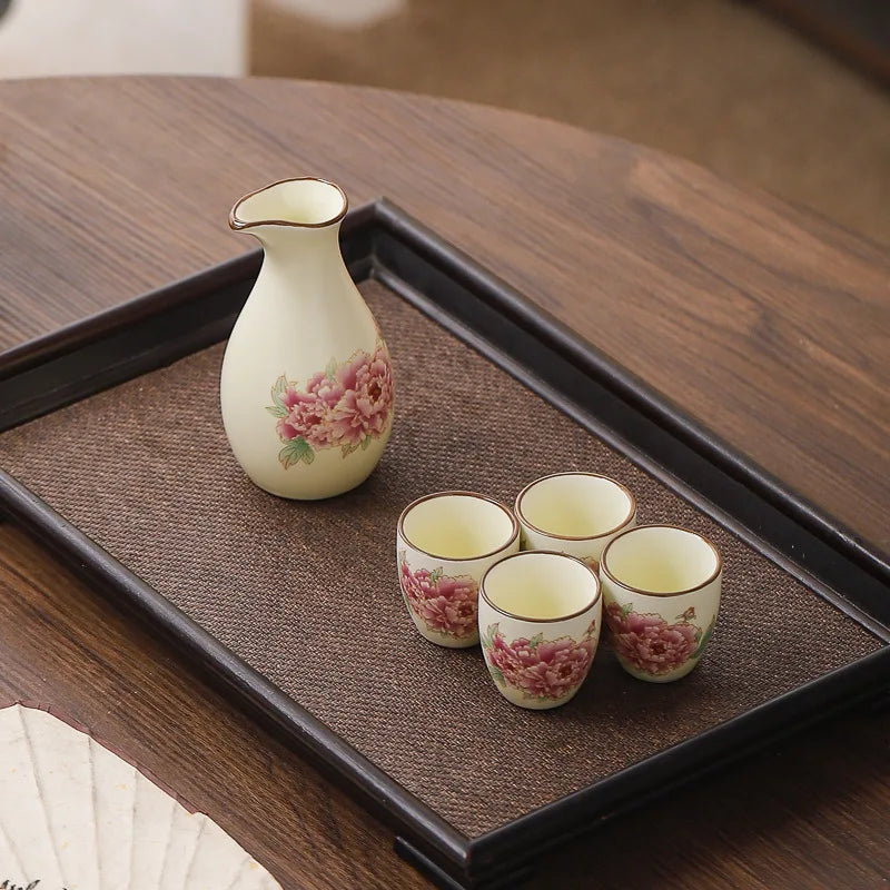 Sakura Blossom Ceramic Sake Gift Set – 5 Piece Sake Carafe and Cup Set