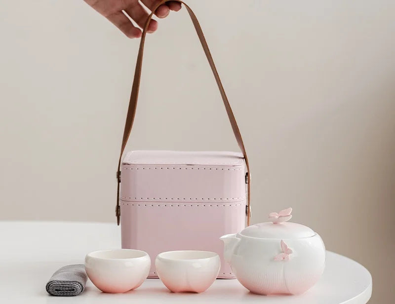Butterfly Ceramic Travel Tea Set with Carry Case – Portable Teapot & Cups Gift Set for Home, Office and Outdoor Tea Lovers
