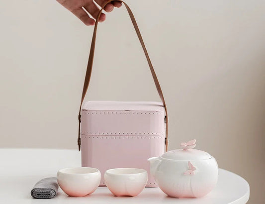Butterfly Ceramic Travel Tea Set with Carry Case – Portable Teapot & Cups Gift Set for Home, Office and Outdoor Tea Lovers
