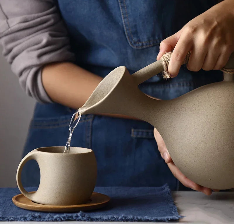 Mareno Ceramic Jug and Cup Set with Wooden Saucers – Rustic Drinkware Serving Set