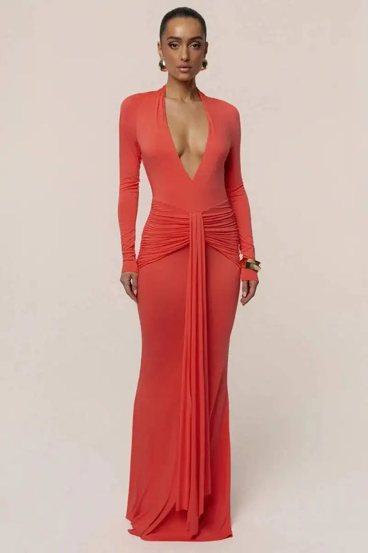 Virelia Plunge Neck Maxi Dress – Ruched Open Back Occasion Dress